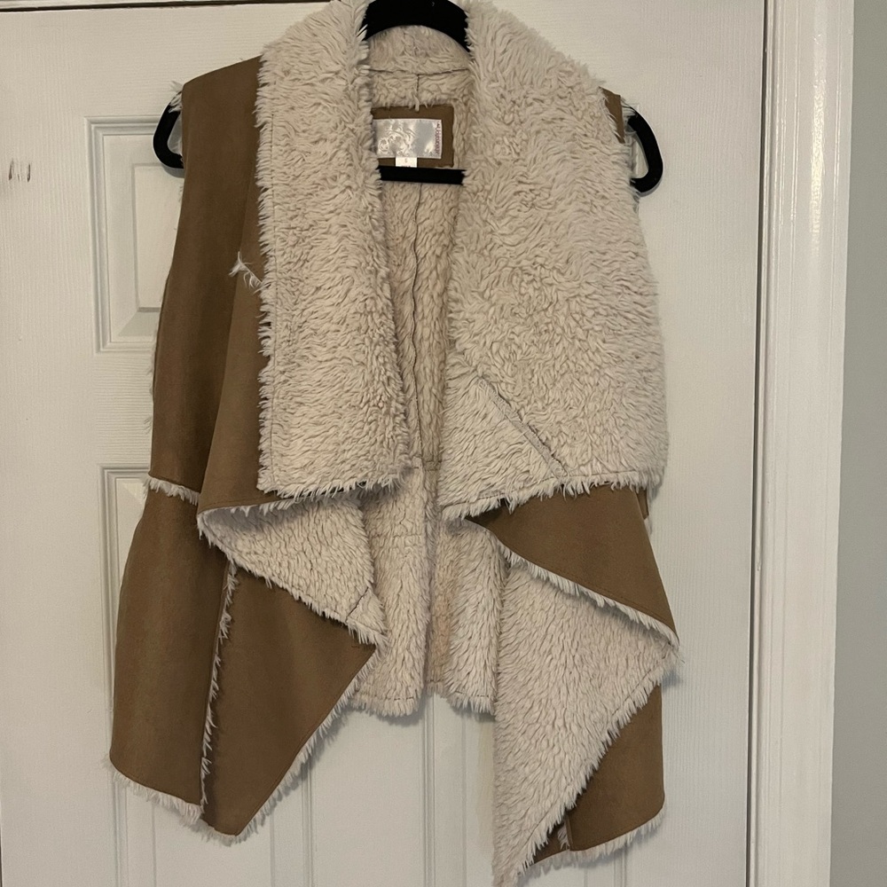 Brown and white suede/fleece vest